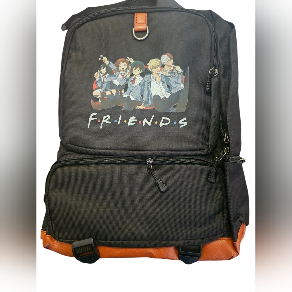 Black and Brown Backpack with Anime Friends Design
